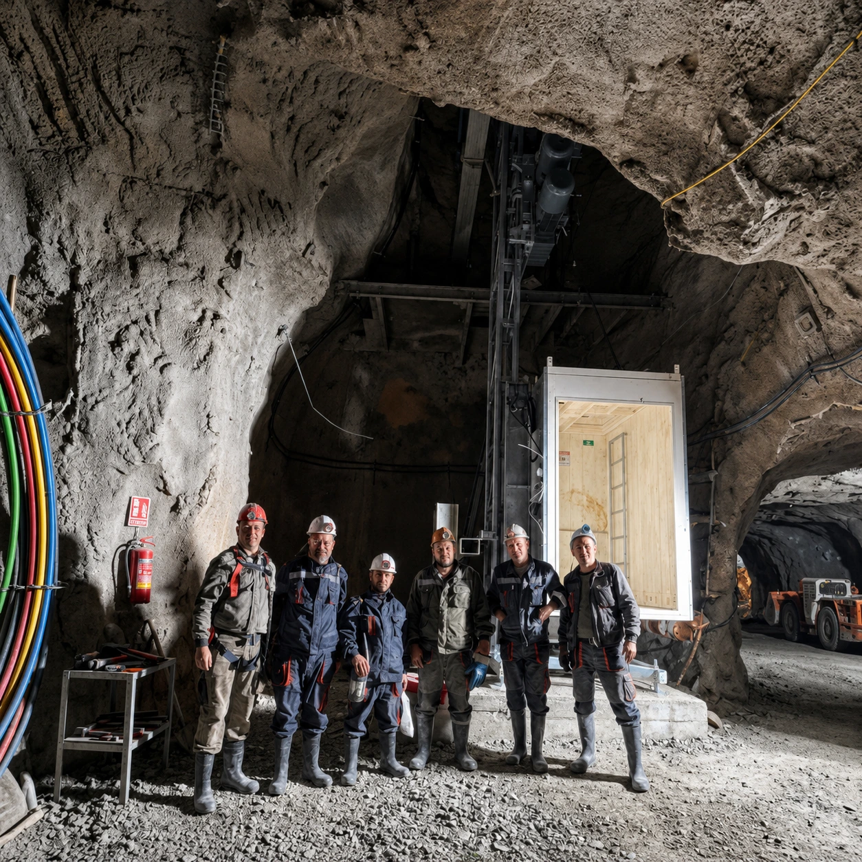 Vertical access equipment and project team at an underground installation