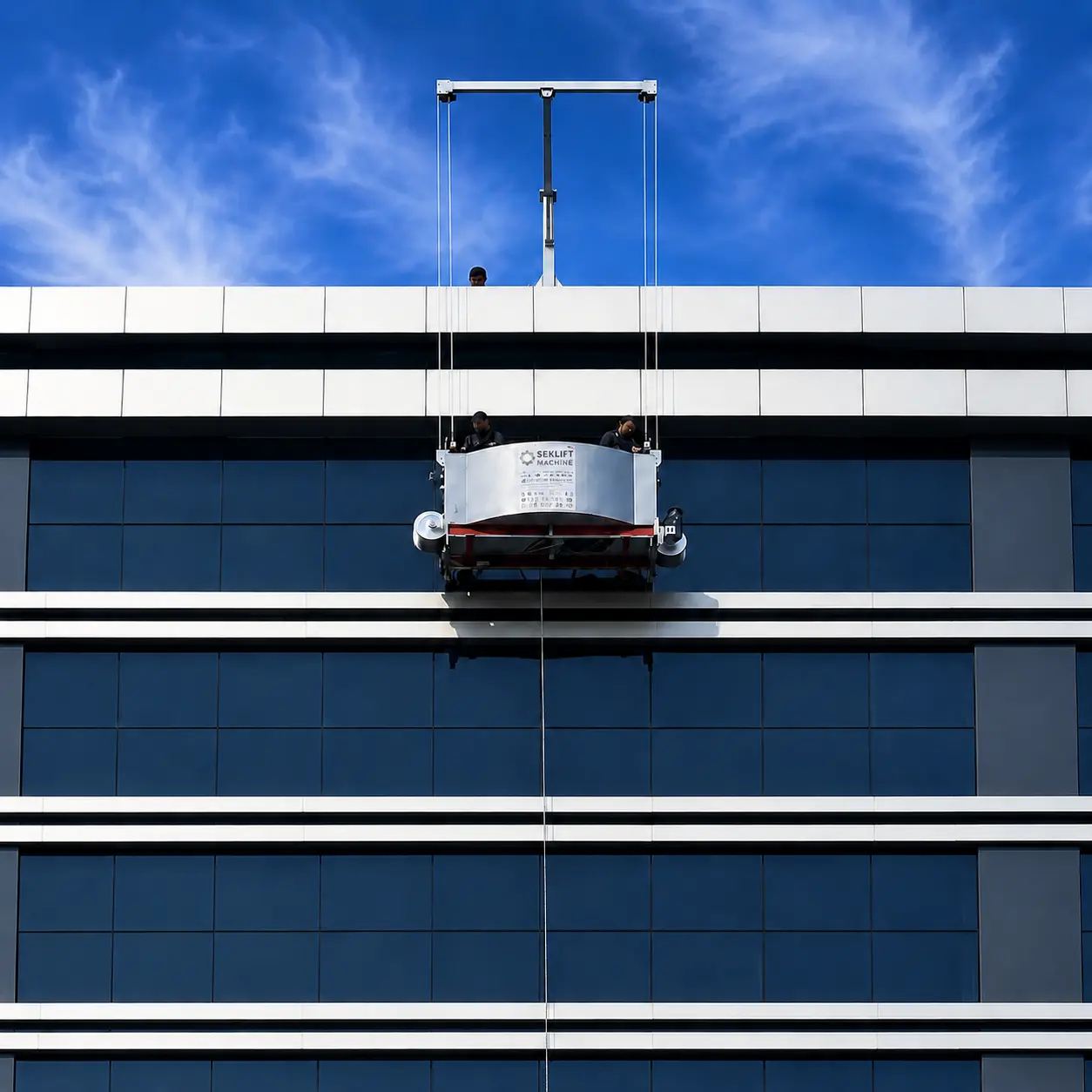 SEKLIFT façade access cradle and building maintenance unit system operating on a glass building