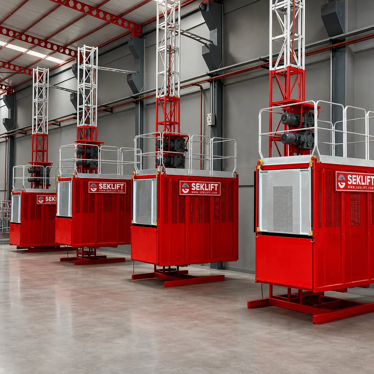 SEKLIFT rack-and-pinion construction hoist installed inside an industrial building for vertical personnel and material transport