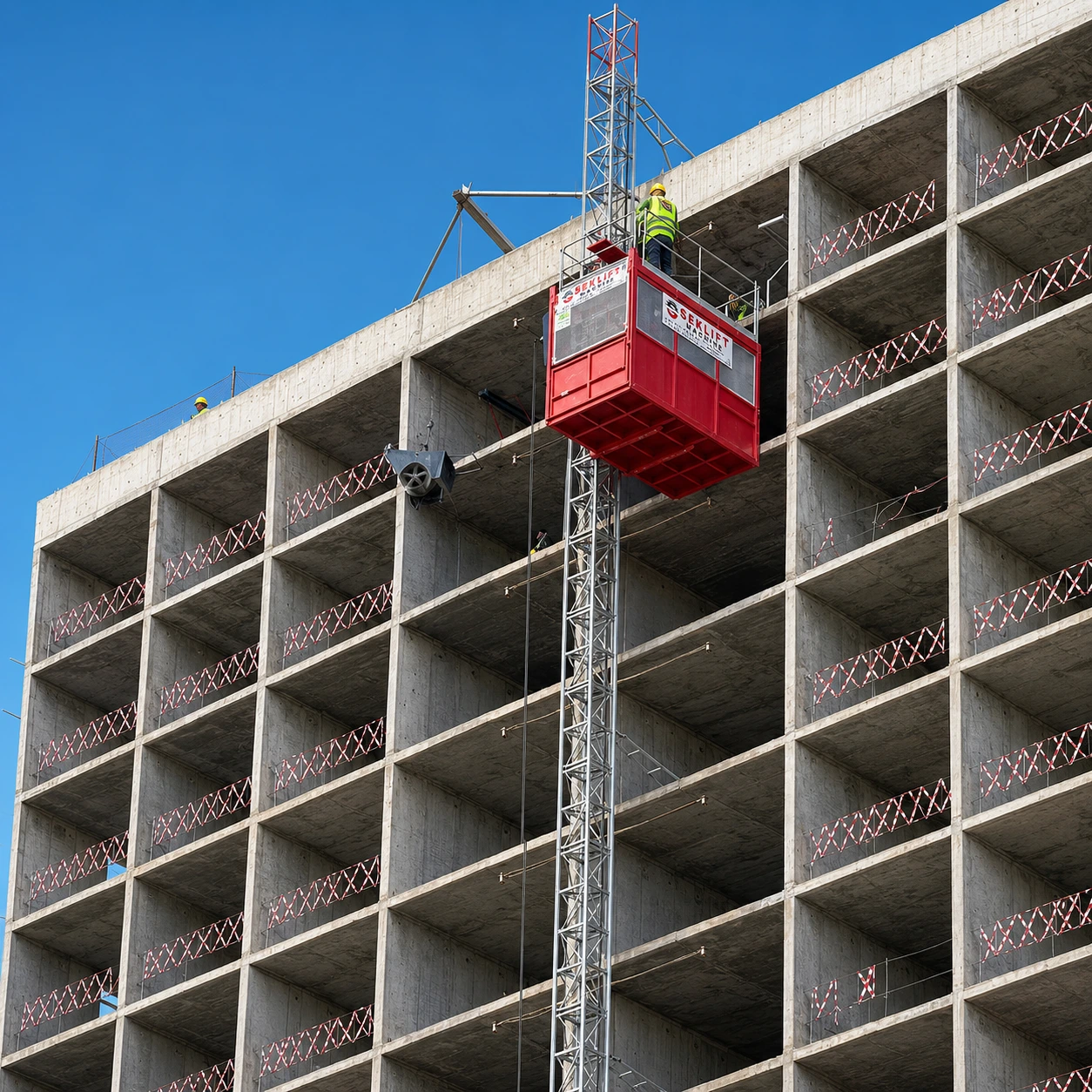 SEKLIFT SM-GTP-101 SM-GTP-101 heavy-duty personnel and material construction hoist installed on a building
