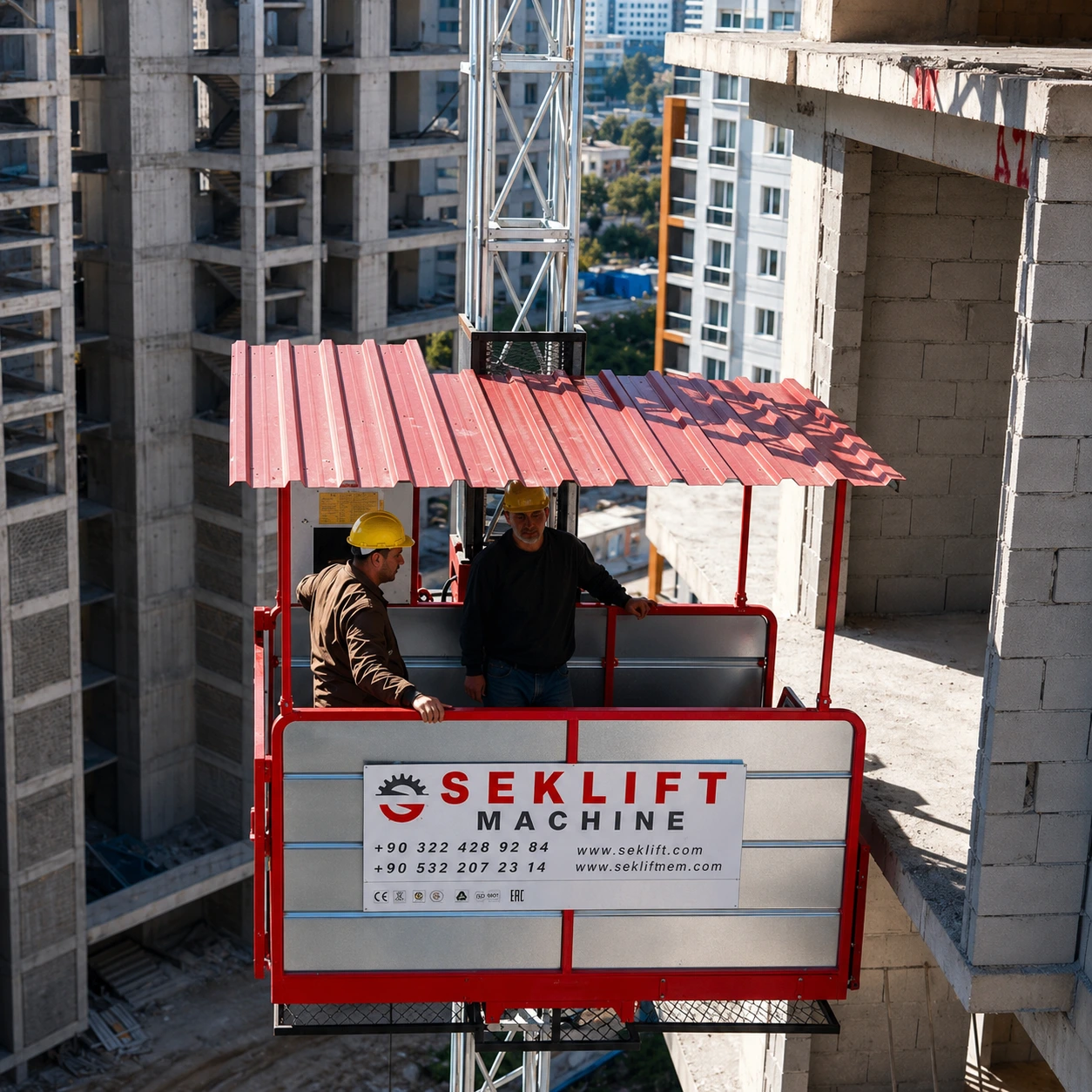 SEKLIFT SM-GTP-103 light-duty rack-and-pinion personnel and material construction hoist operating on a building