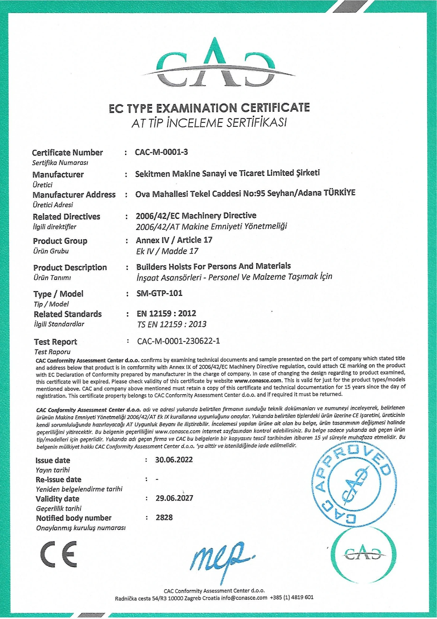 EC Type Examination Certificate CAC-M-0001-3 for SEKLIFT SM-GTP-101 builders hoist for persons and materials