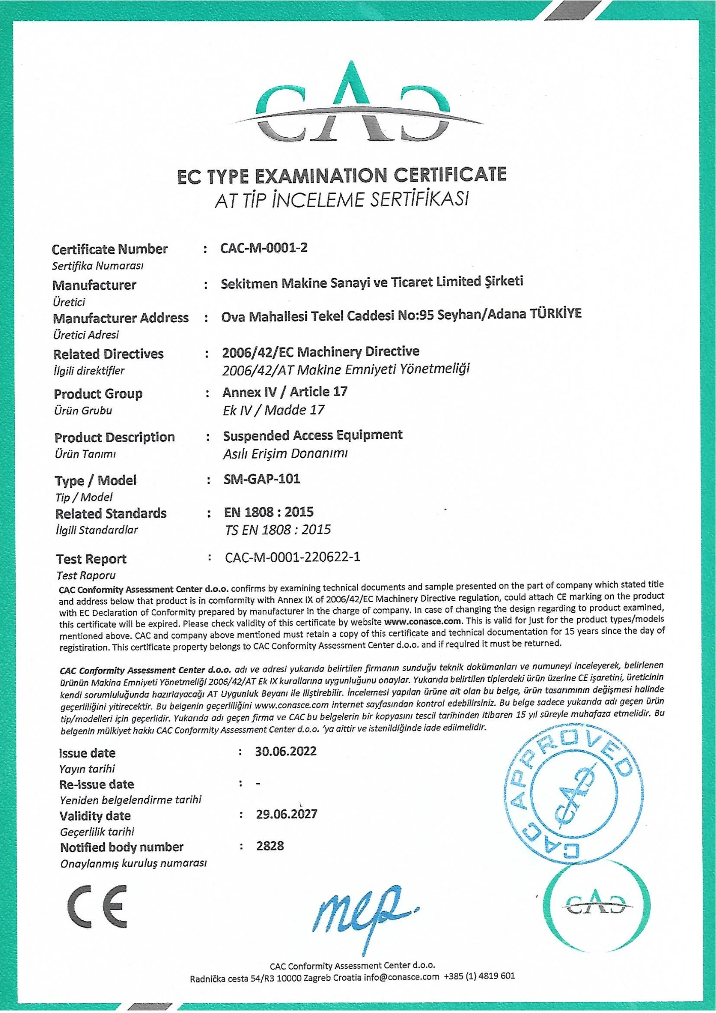 EC Type Examination Certificate CAC-M-0001-2 for SEKLIFT SM-GAP-101 suspended access equipment