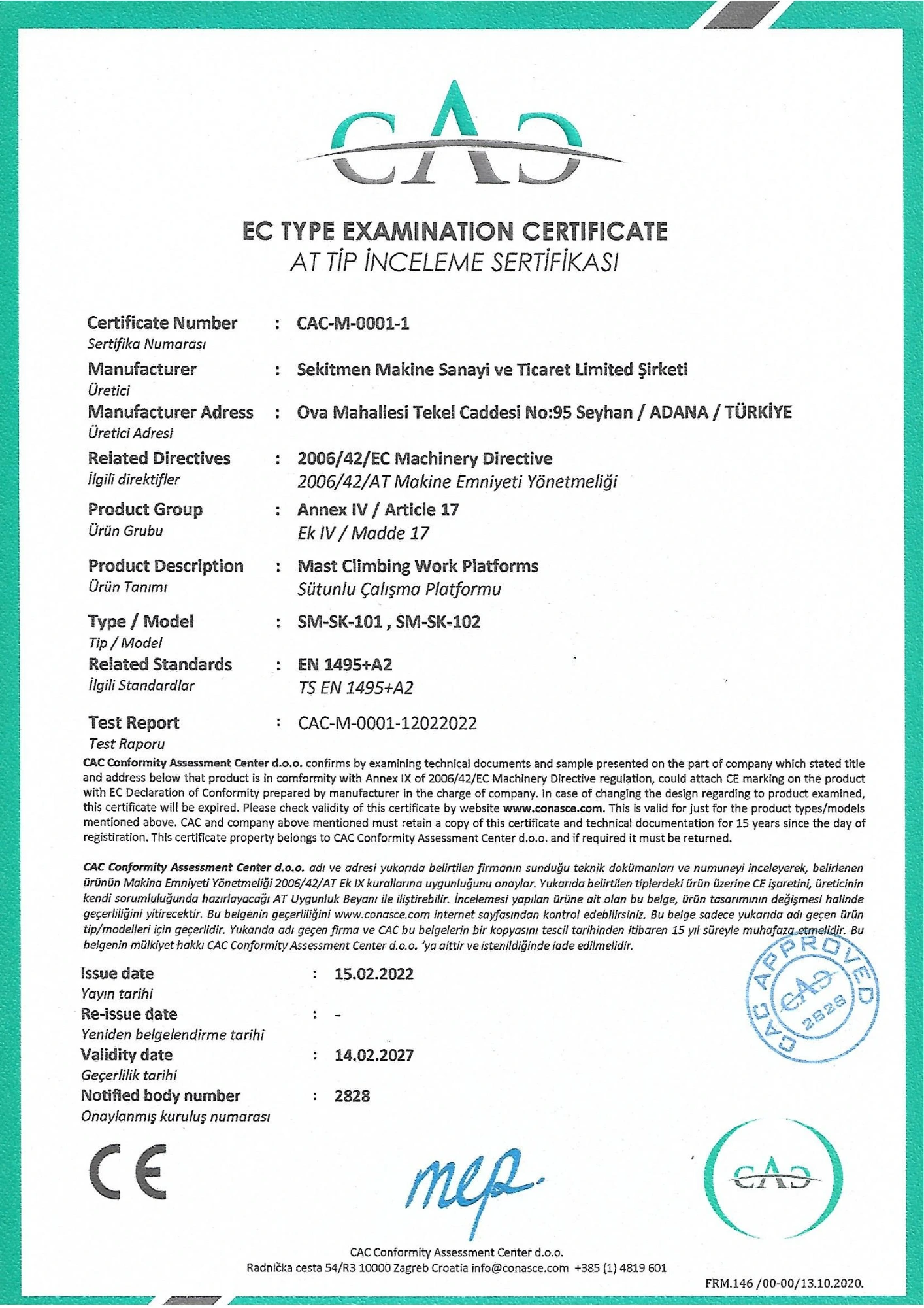 EC Type Examination Certificate CAC-M-0001-1 for SEKLIFT SM-SK-101 and SM-SK-102 mast climbing work platforms