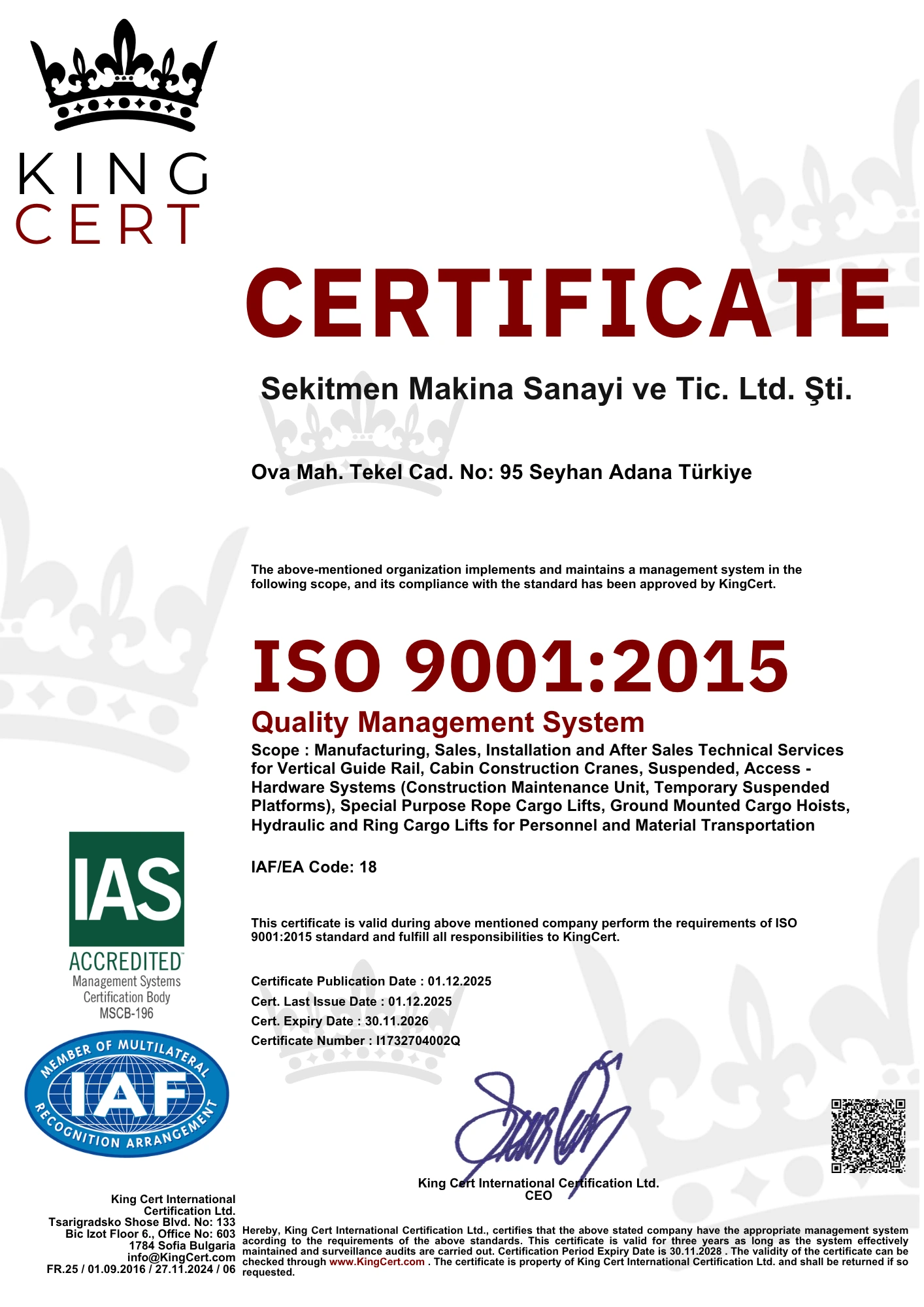 English ISO 9001:2015 Quality Management System certificate issued to Sekitmen Makina