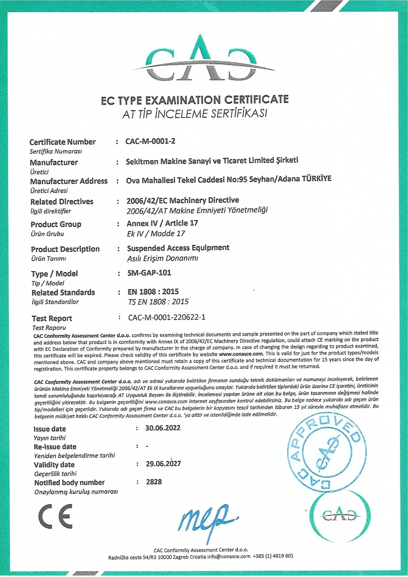 Certificado de examen de tipo CE CAC-M-0001-2 para el equipo de acceso suspendido SEKLIFT SM-GAP-101