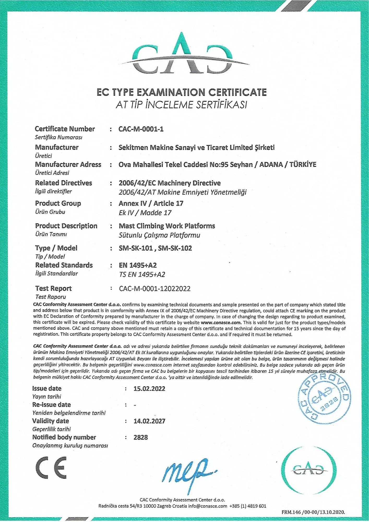Certificado de examen de tipo CE CAC-M-0001-1 para las plataformas trepadoras sobre mástil SEKLIFT SM-SK-101 y SM-SK-102