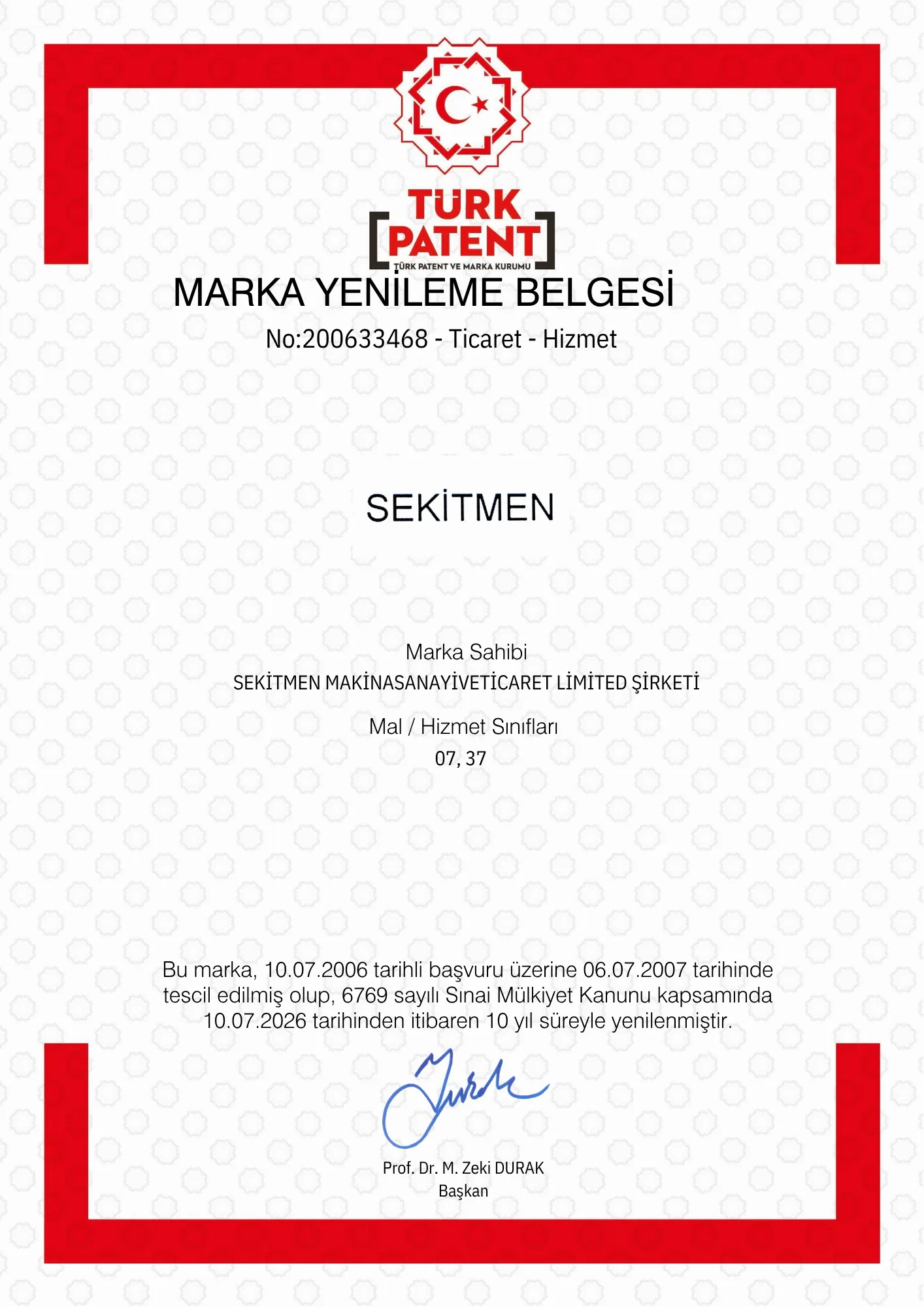 Certificado de renovación de la marca SEKİTMEN ante Türk Patent, número 2006 33468
